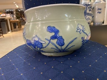 A Chinese blue and white celadon-ground censer, Kangxi